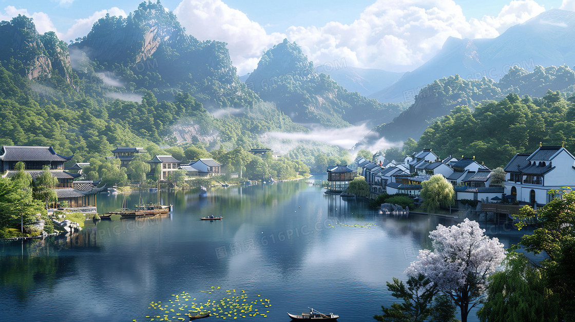 唯美江南水乡古镇建筑插画