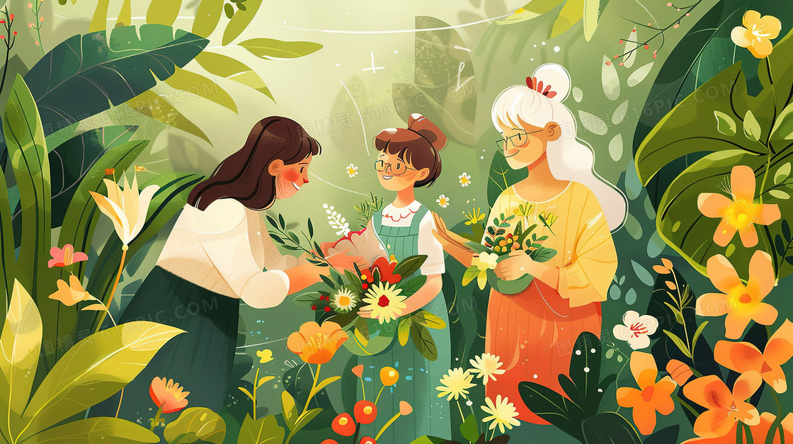 祖孙三代花卉植物合影拍照插画