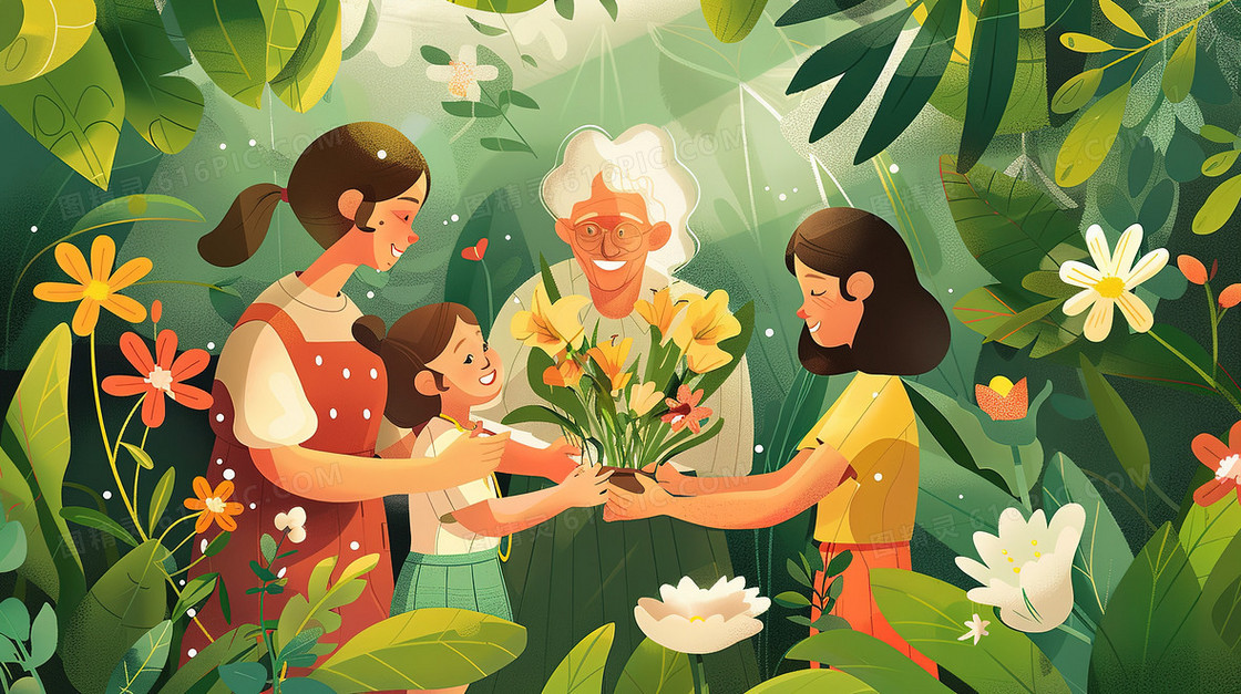 祖孙三代花卉植物合影拍照插画