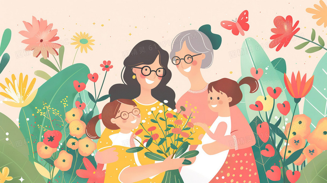 祖孙三代花卉植物合影拍照插画