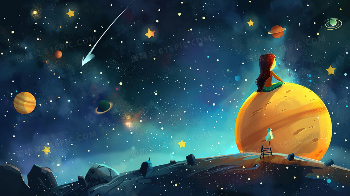 女孩坐在星球上看流星插画