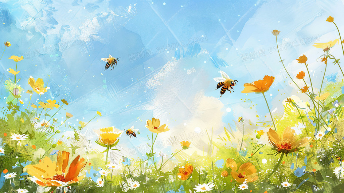 蓝天白云花丛蜜蜂插画