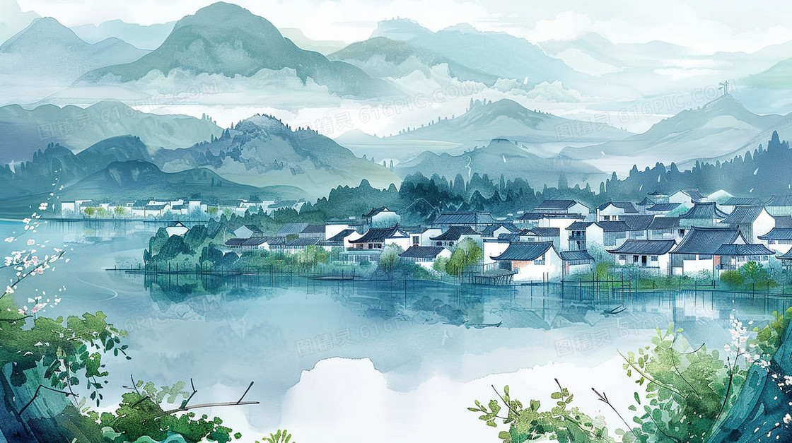 唯美江南古镇建筑水乡插画