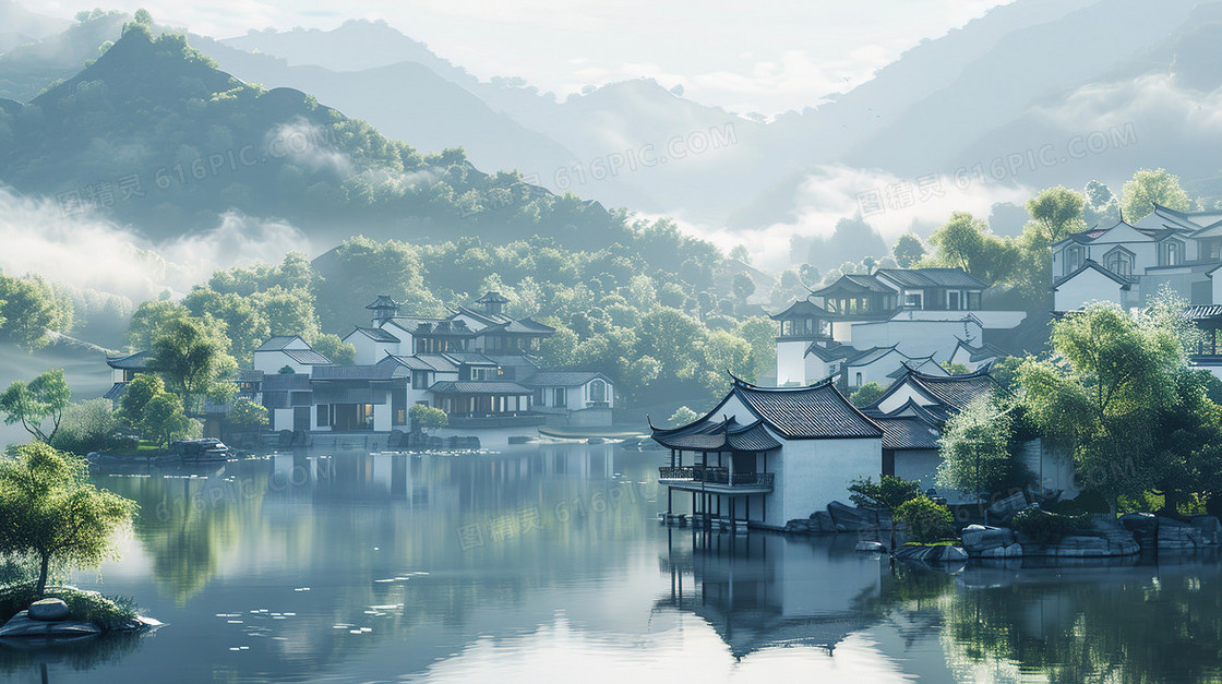 唯美江南水乡古镇建筑插画