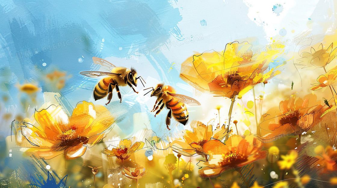 蓝天白云花丛蜜蜂插画