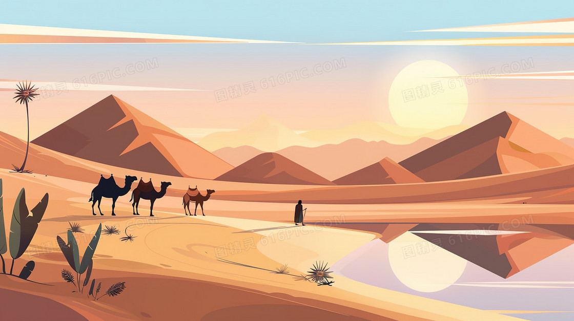 沙漠里行走的骆驼插画