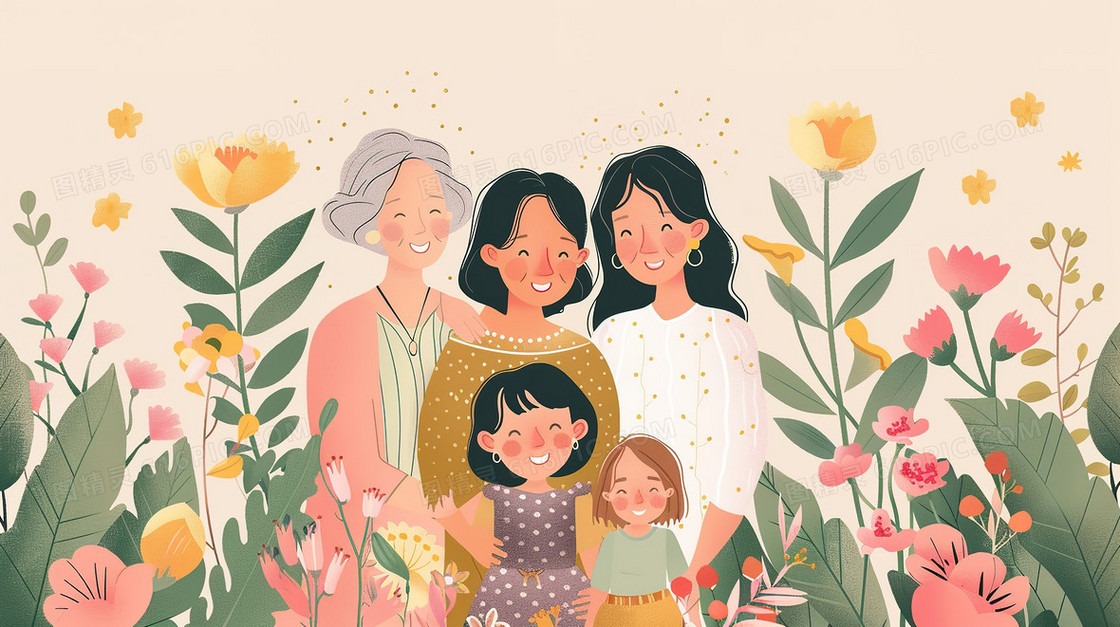 祖孙三代花卉植物合影拍照插画