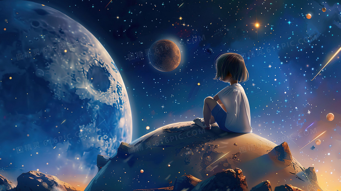 女孩坐在星球上看流星插画