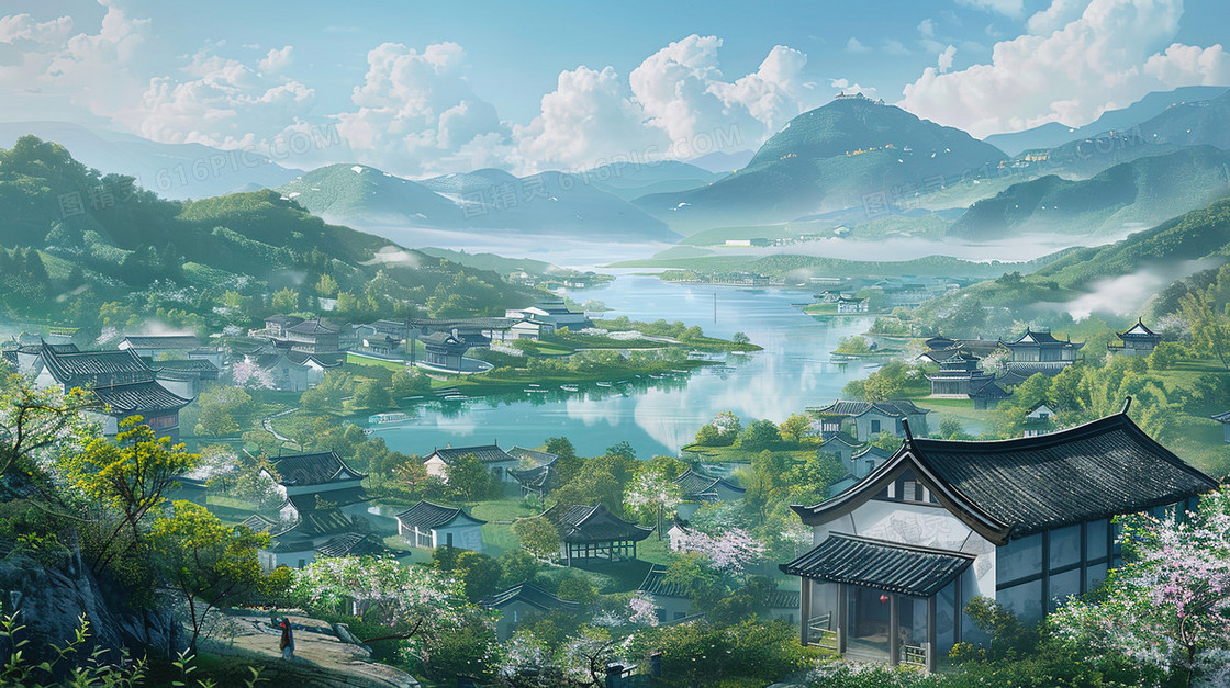 唯美江南水乡古镇建筑插画