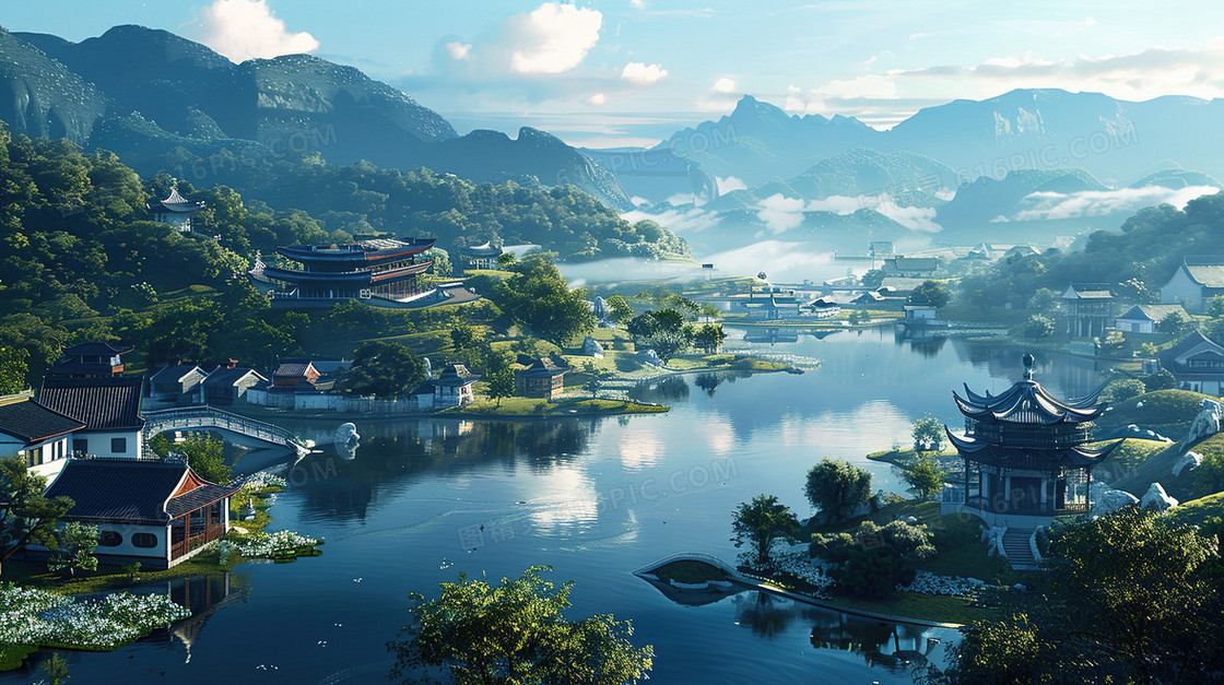 唯美江南水乡古镇建筑插画