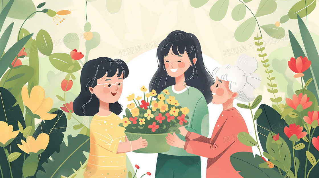 祖孙三代花卉植物合影拍照插画