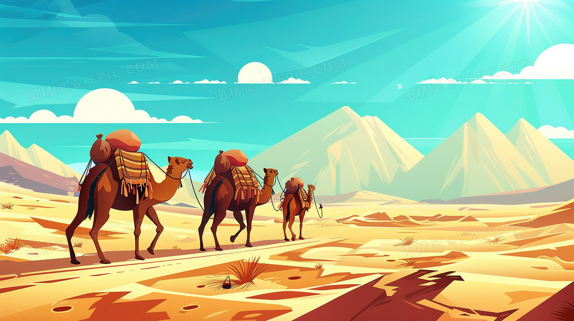 沙漠里行走的骆驼插画