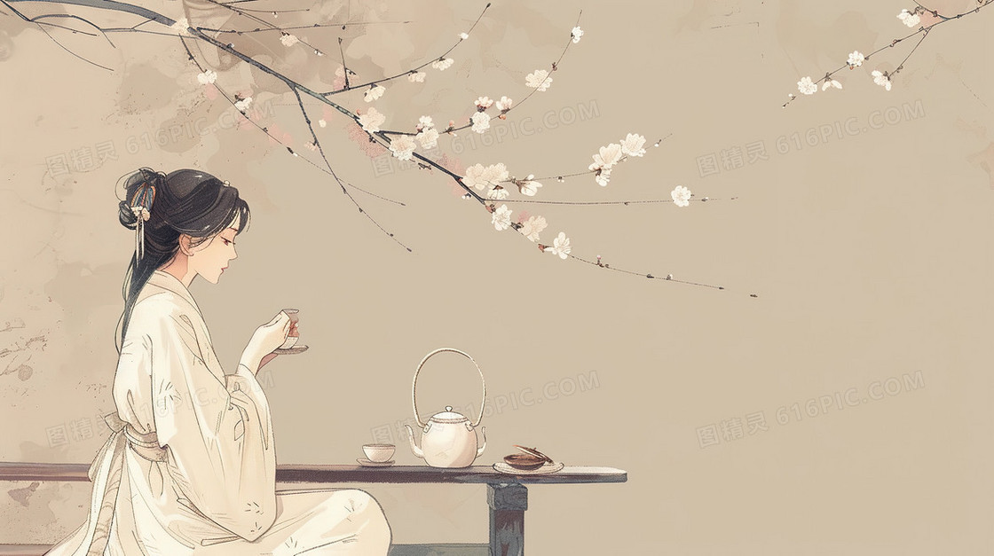 粉色桃树下品尝春茶的古典美人插画