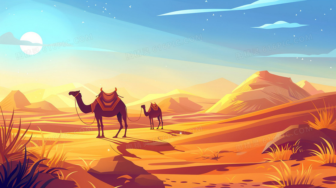 沙漠里行走的骆驼插画