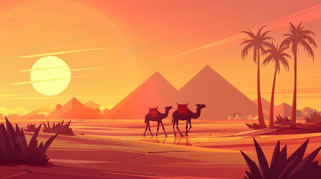 沙漠里行走的骆驼插画