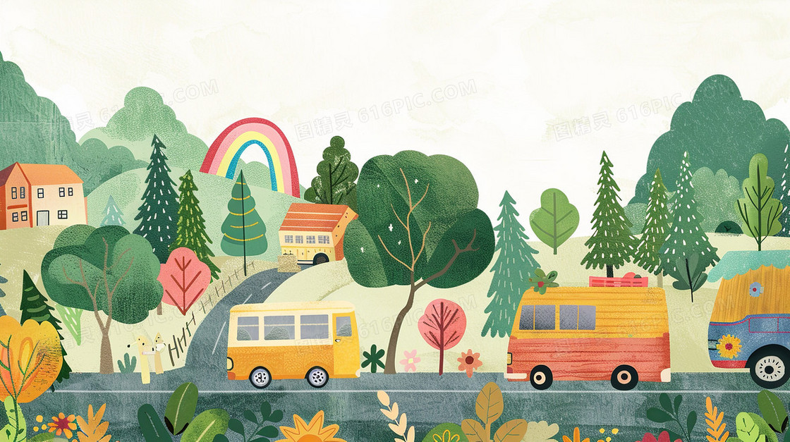山脚下绿荫小道上有三辆车在行驶空中有彩虹卡通手绘插画