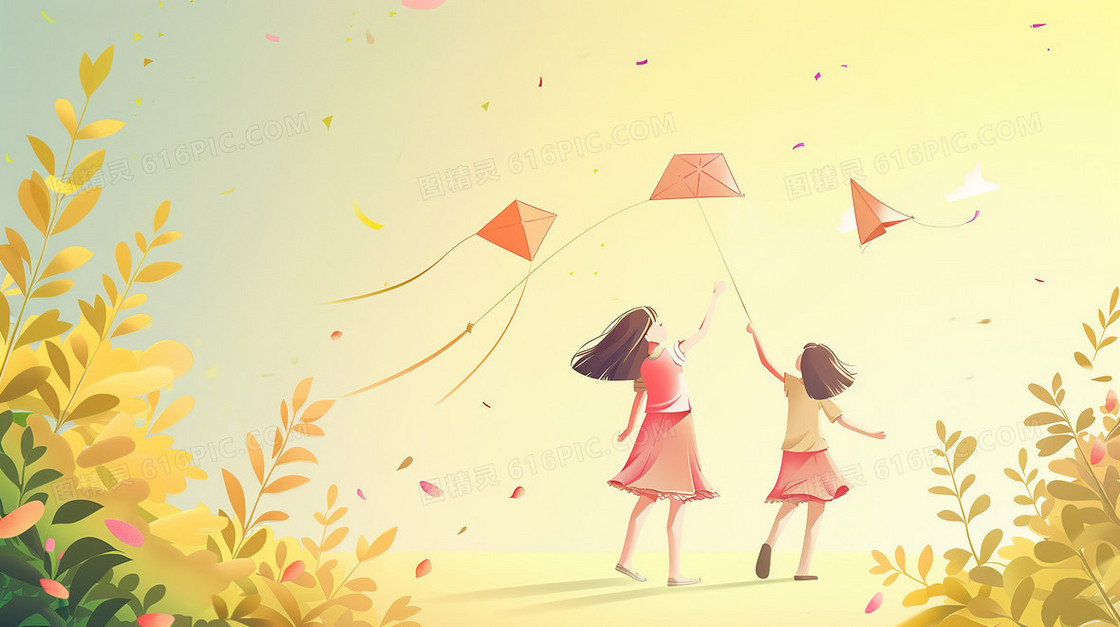 黄色背景下两个孩子在草地上放风筝插画