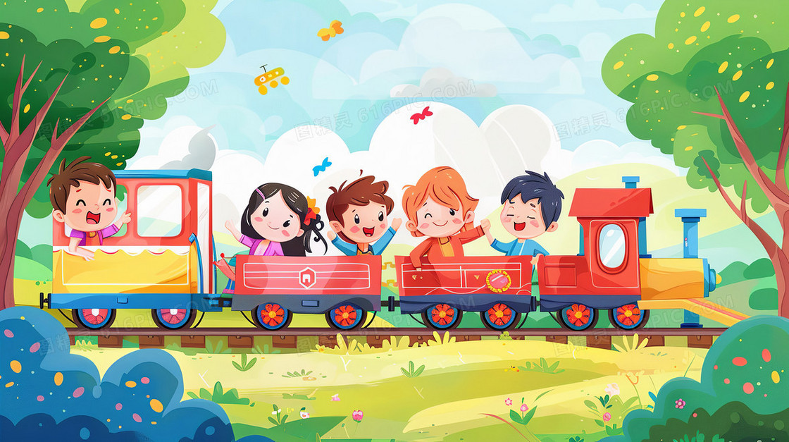 孩子坐在草丛中坐在轨道上行驶的小火车上玩耍插画