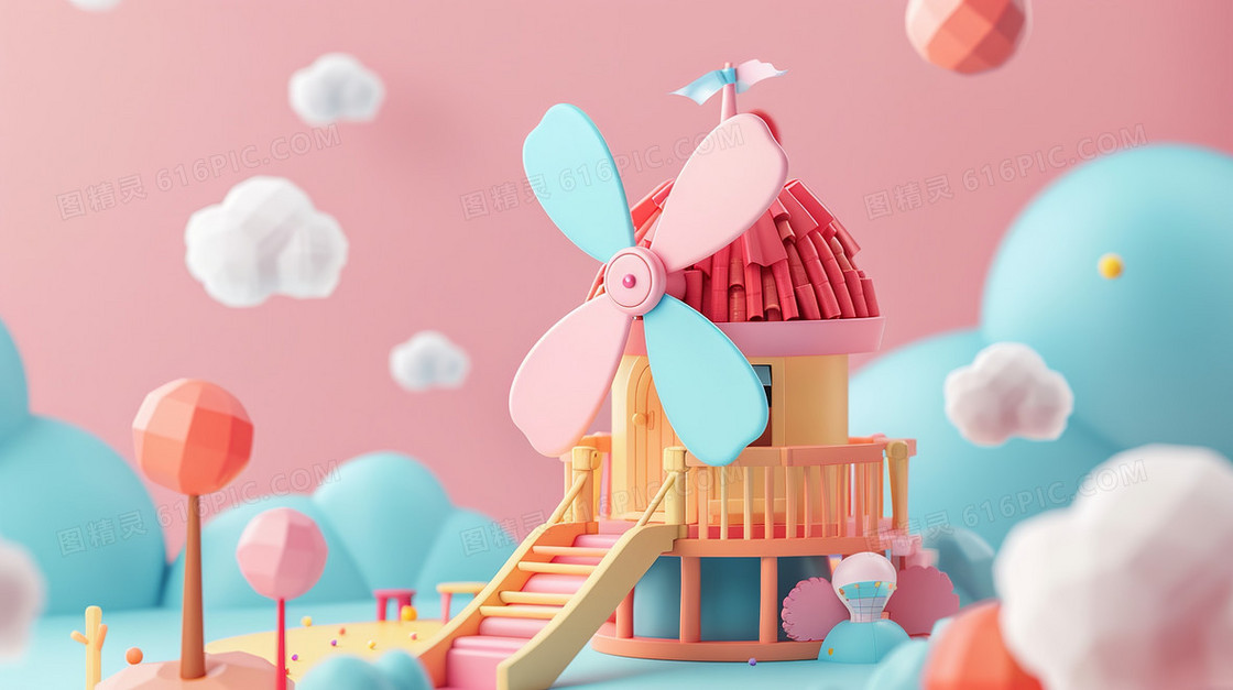 粉色背景下的小风车特写插画