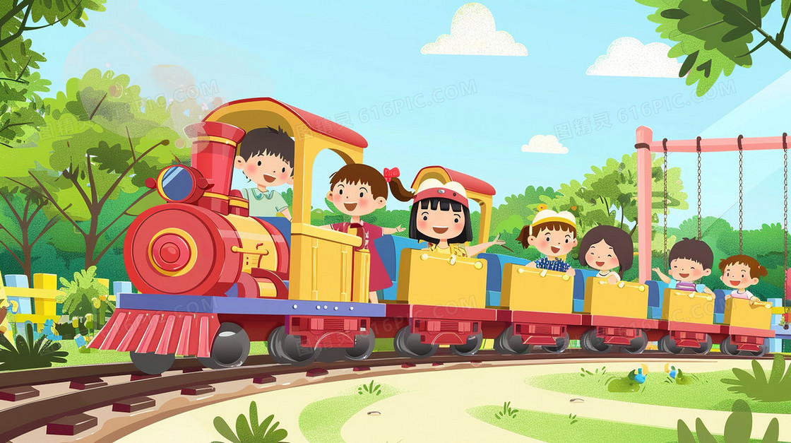 孩子坐在游乐圆里坐在轨道上行驶的小火车上玩耍插画