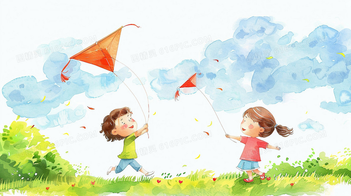 蓝色背景下两个孩子在草地上放风筝插画