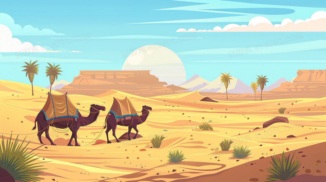 沙漠里行走的骆驼插画