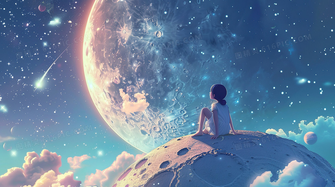 女孩坐在星球上看流星插画