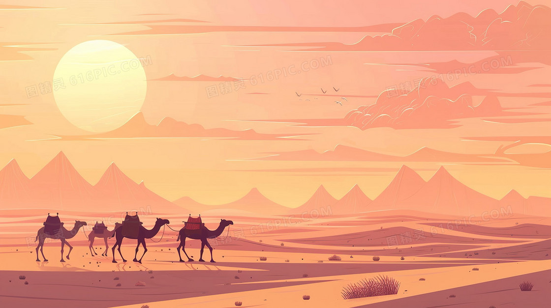 沙漠里行走的骆驼插画