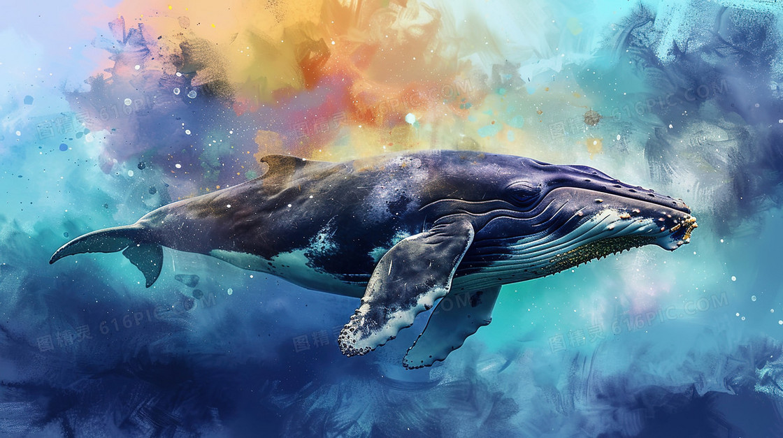 晚霞海水里游泳的鲸鱼插画