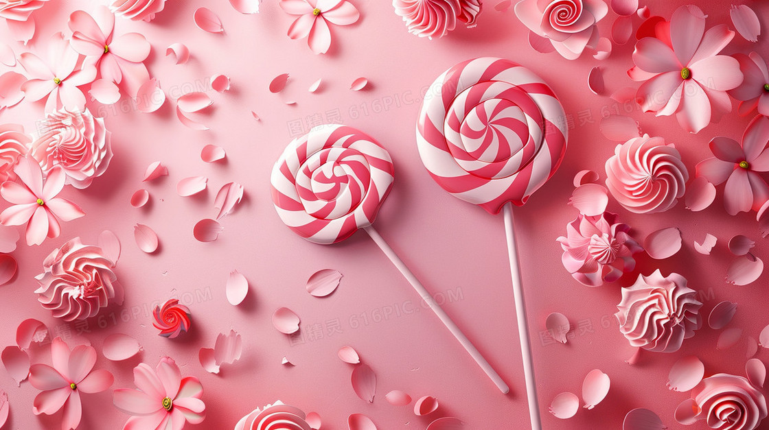 红色背景花朵中的梦幻棒棒糖插画