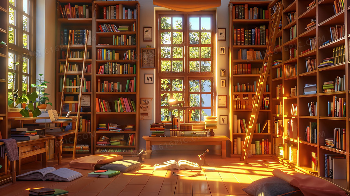 安静的图书馆书房场景插画