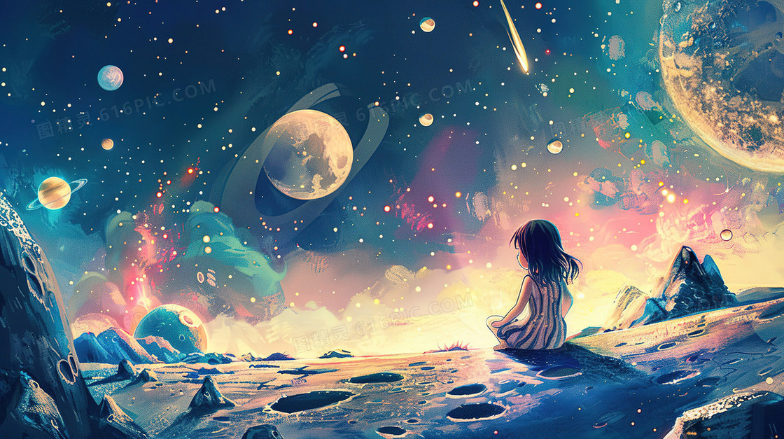 女孩坐在星球上看流星插画