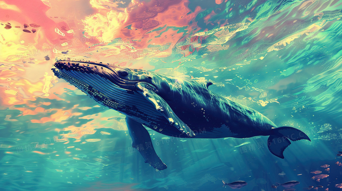 晚霞海水里游泳的鲸鱼插画