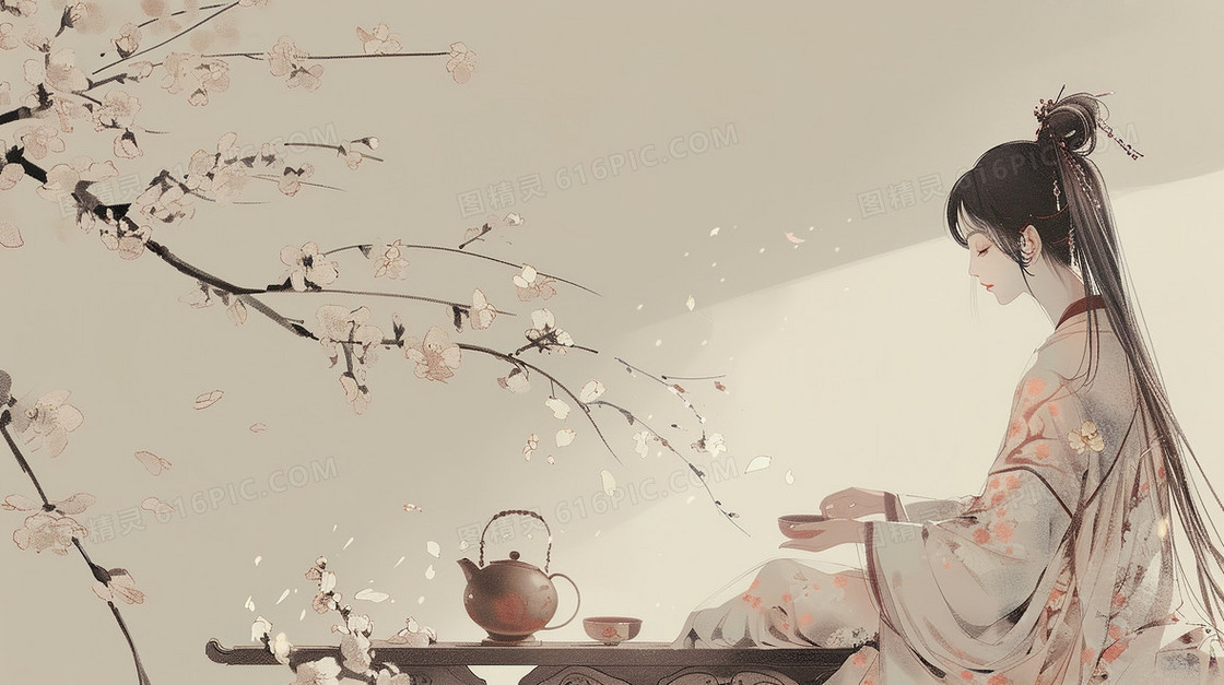 粉色桃树下品尝春茶的古典美人插画