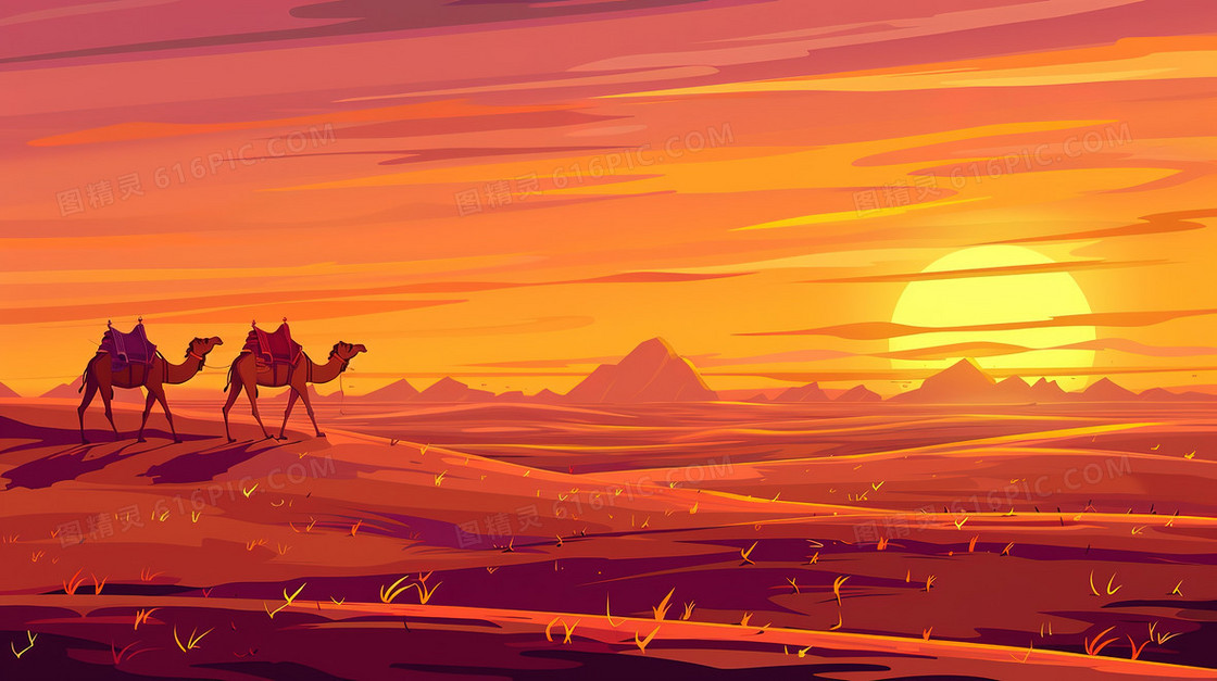 沙漠里行走的骆驼插画