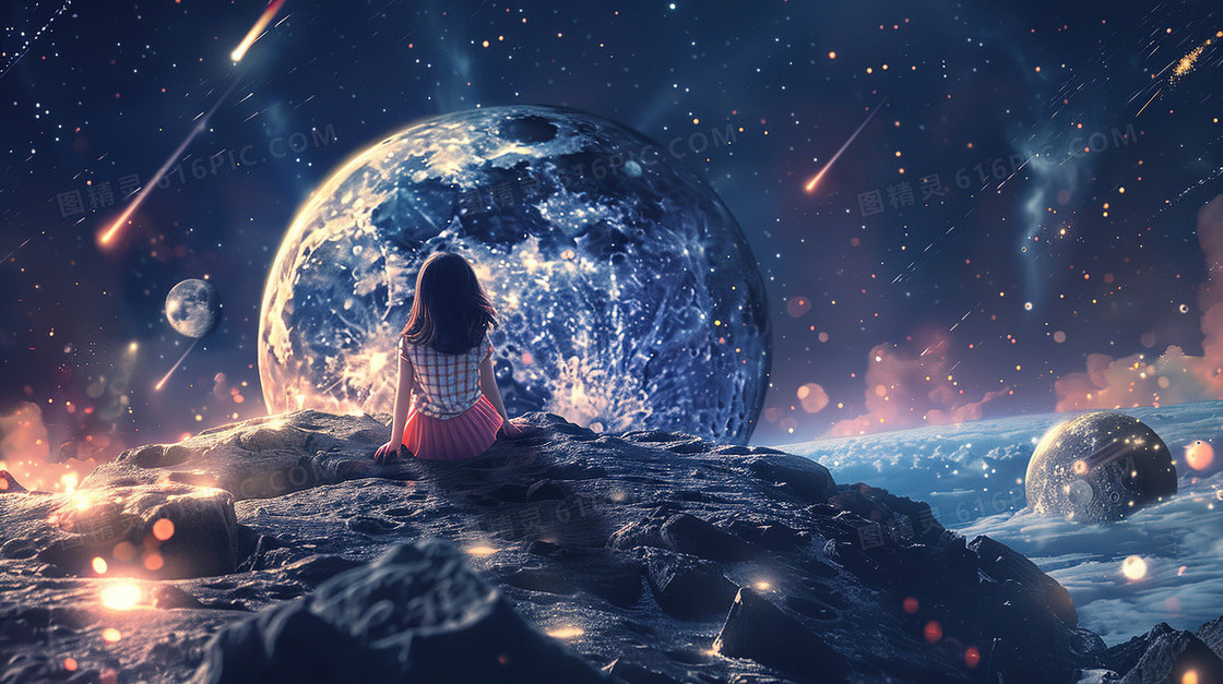 女孩坐在星球上看流星插画
