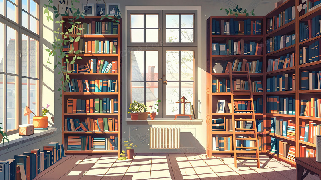安静的图书馆书房场景插画