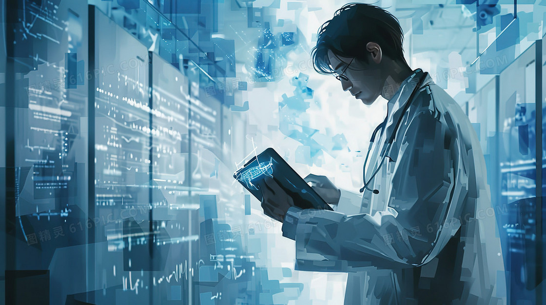 实验室里使用电子设备的科研人员插画