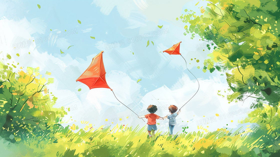 蓝色背景下两个孩子在草地上放风筝插画