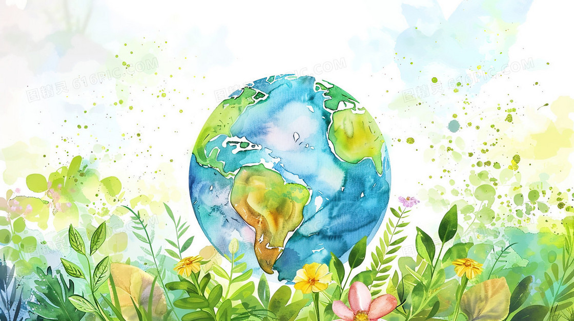 草地上的树木与蓝色的地球插画