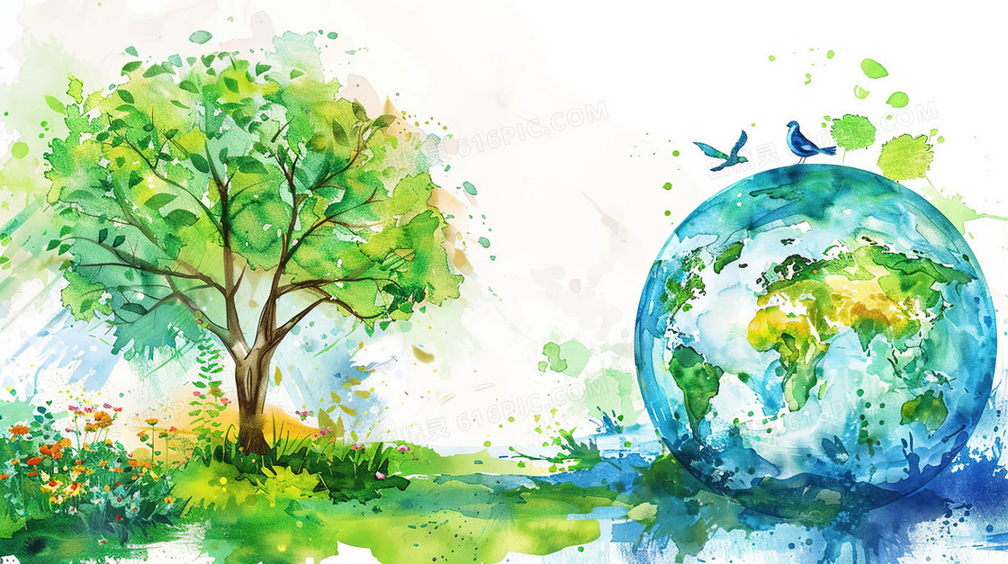 草地上的树木与蓝色的地球插画