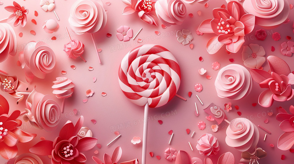 红色背景花朵中的梦幻棒棒糖插画