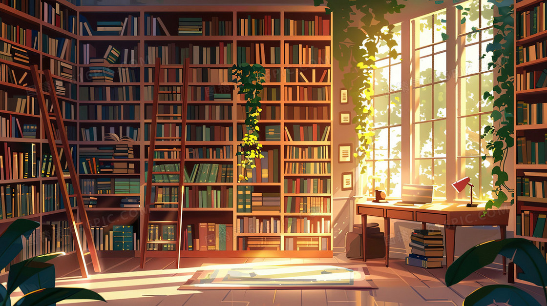 安静的图书馆书房场景插画