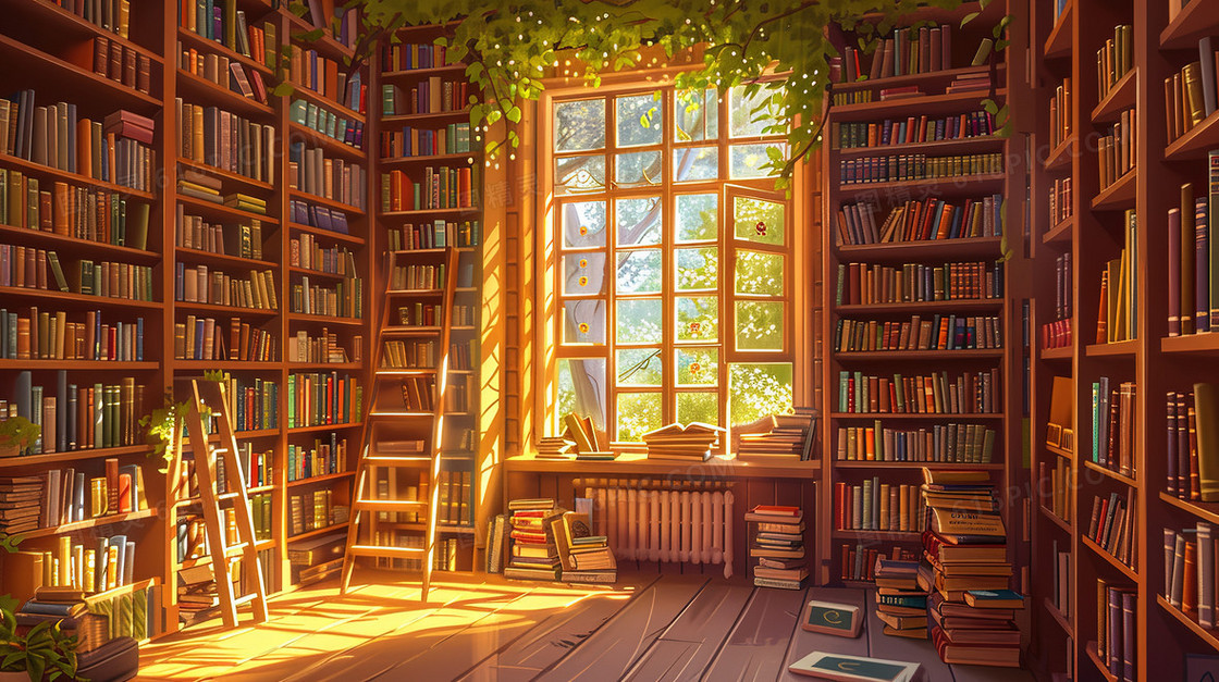 安静的图书馆书房场景插画