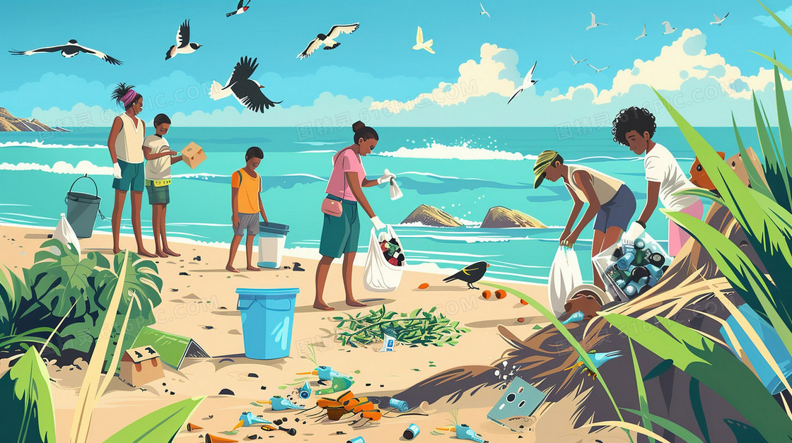 海滩上收拾垃圾的人们插画