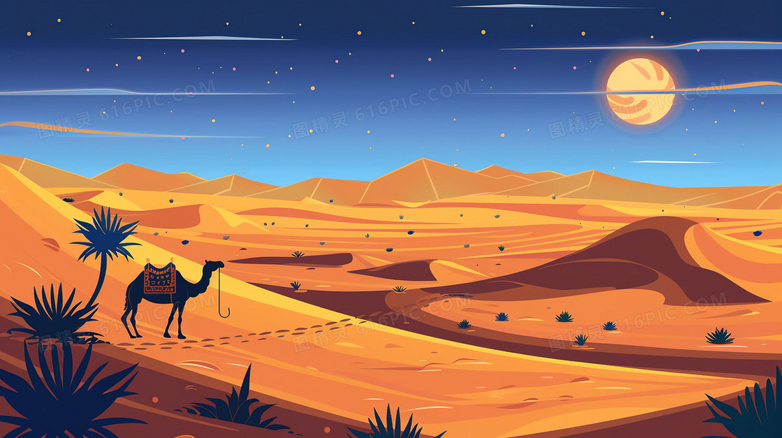 沙漠里行走的骆驼插画