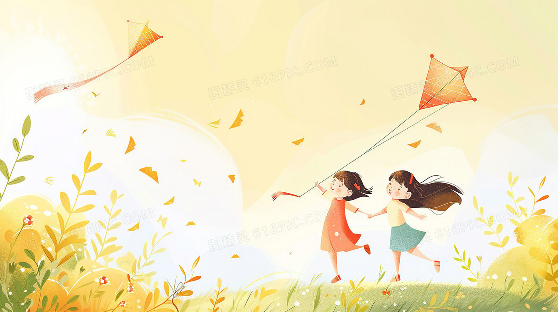 黄色背景下两个孩子在草地上放风筝插画