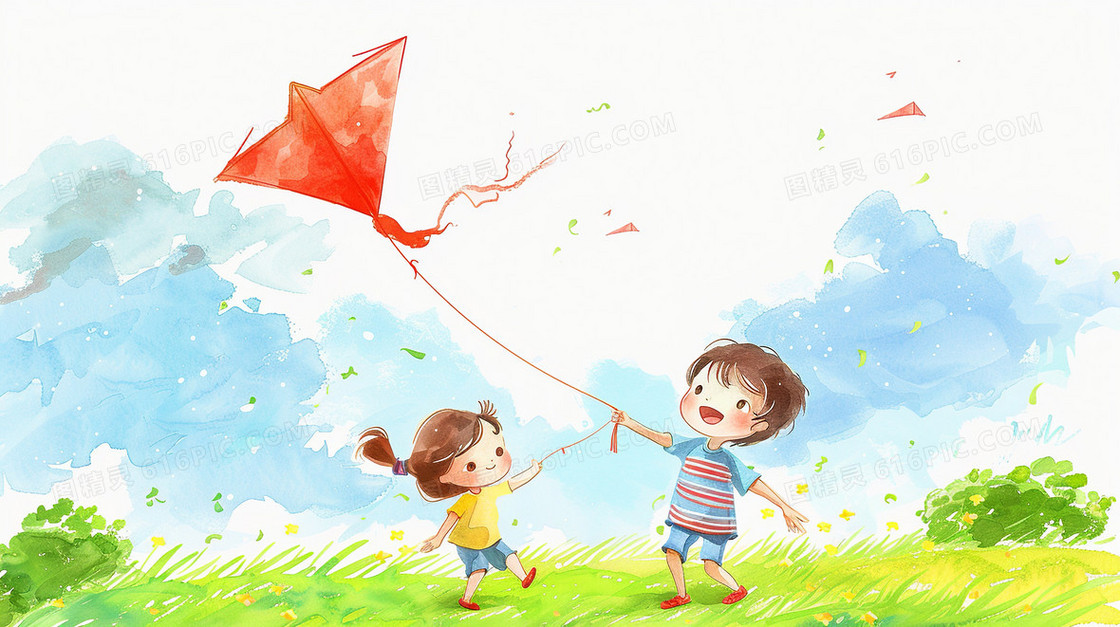 蓝色背景下两个孩子在草地上放风筝插画
