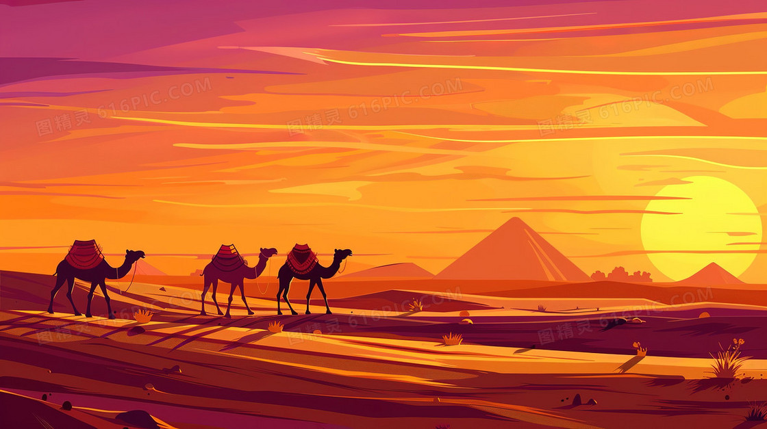 沙漠里行走的骆驼插画