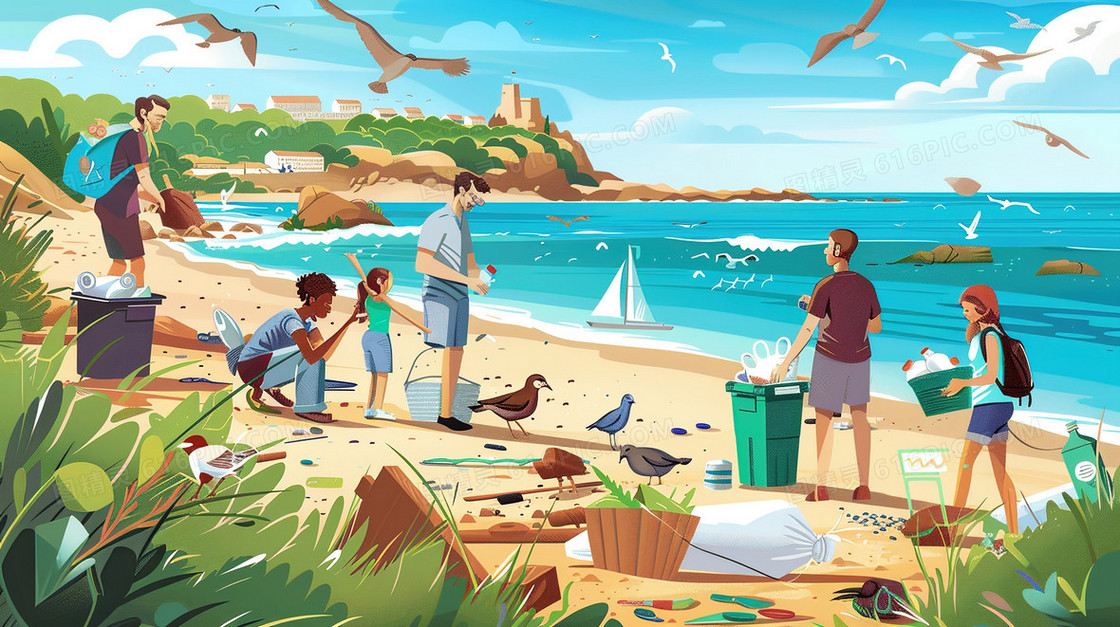 海滩上收拾垃圾的人们插画